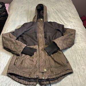 Express Hooded Jacket, Olive, Green, Black, Mid-Length, Utility, Zipper, Size XS